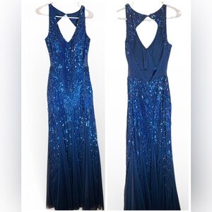 Adriana Papell Blue Sequin Mermaid Gown Sheer Mesh Waist Size 12 Illusion Dress